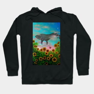 Whale flying in the sky with flower view Hoodie